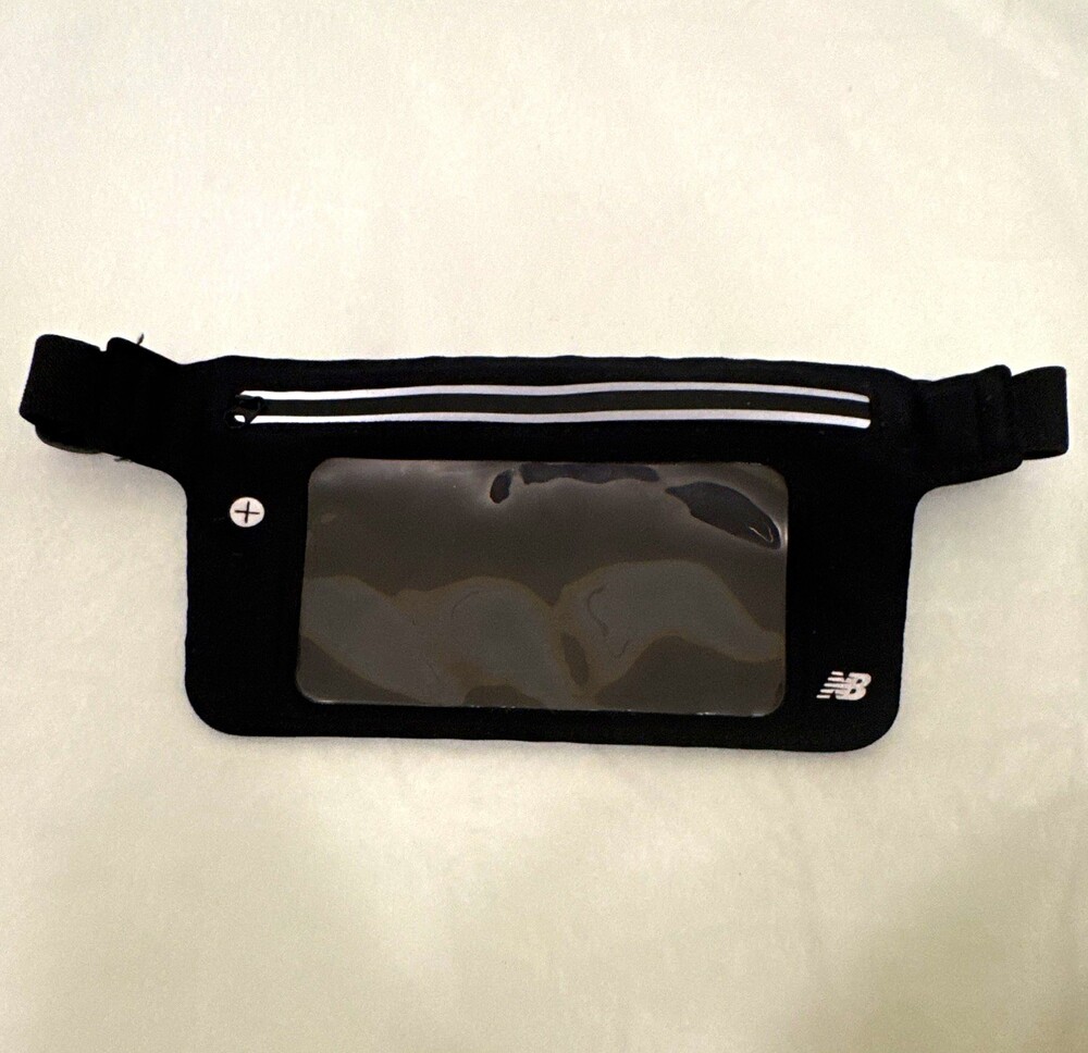 New Balance Black Adjustable Running Belt, 2-Pocket Zip, Reflective, clear front